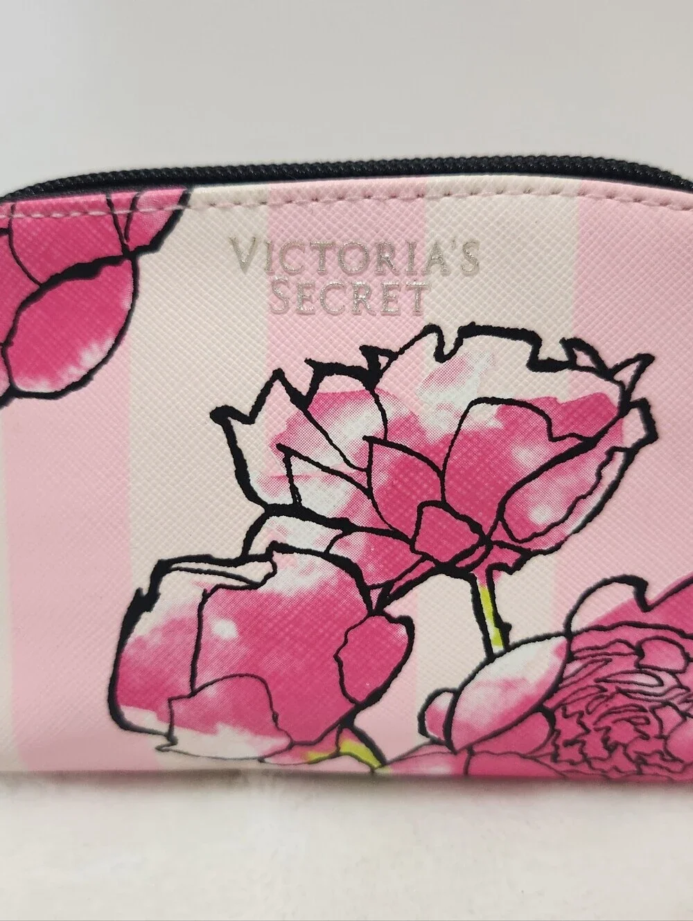 Victorias Secret VS Pink White Strip Floral Flower Mini Makeup Bag Pouch